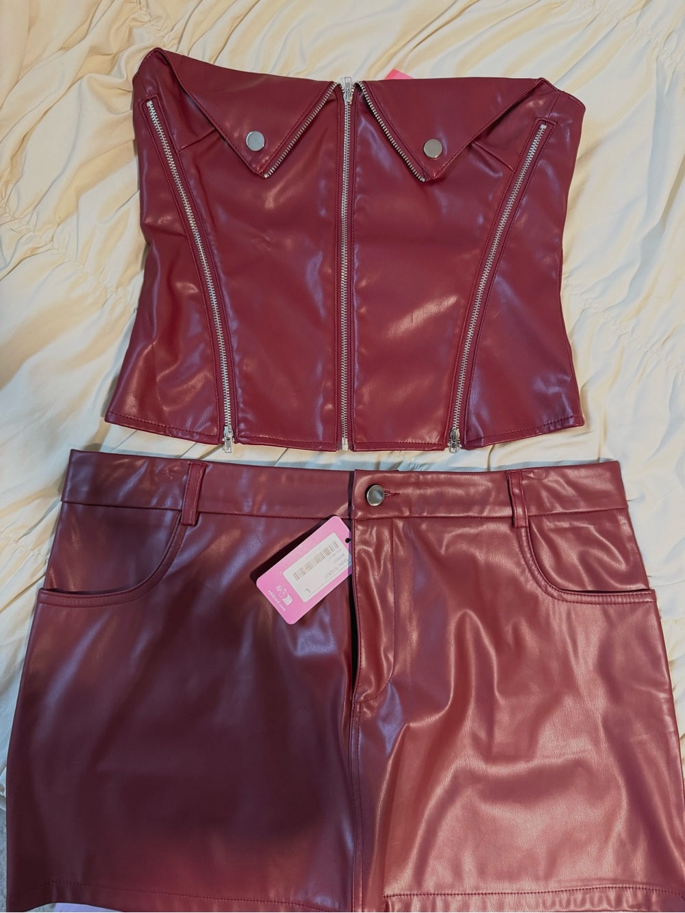 Edikted burgundy faux leather skirt and top set